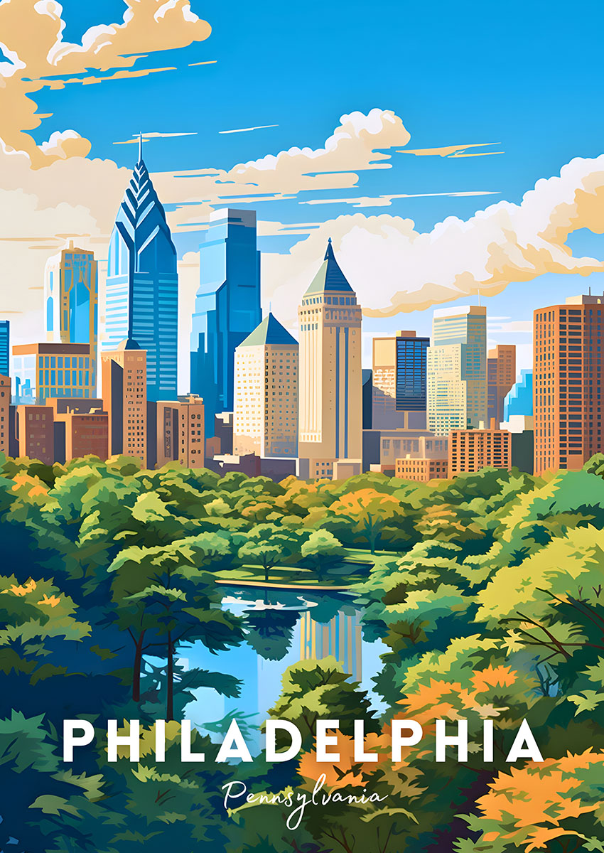 Vibrant artwork of Philadelphia city skyline surrounded by lush greenery reflecting in water.